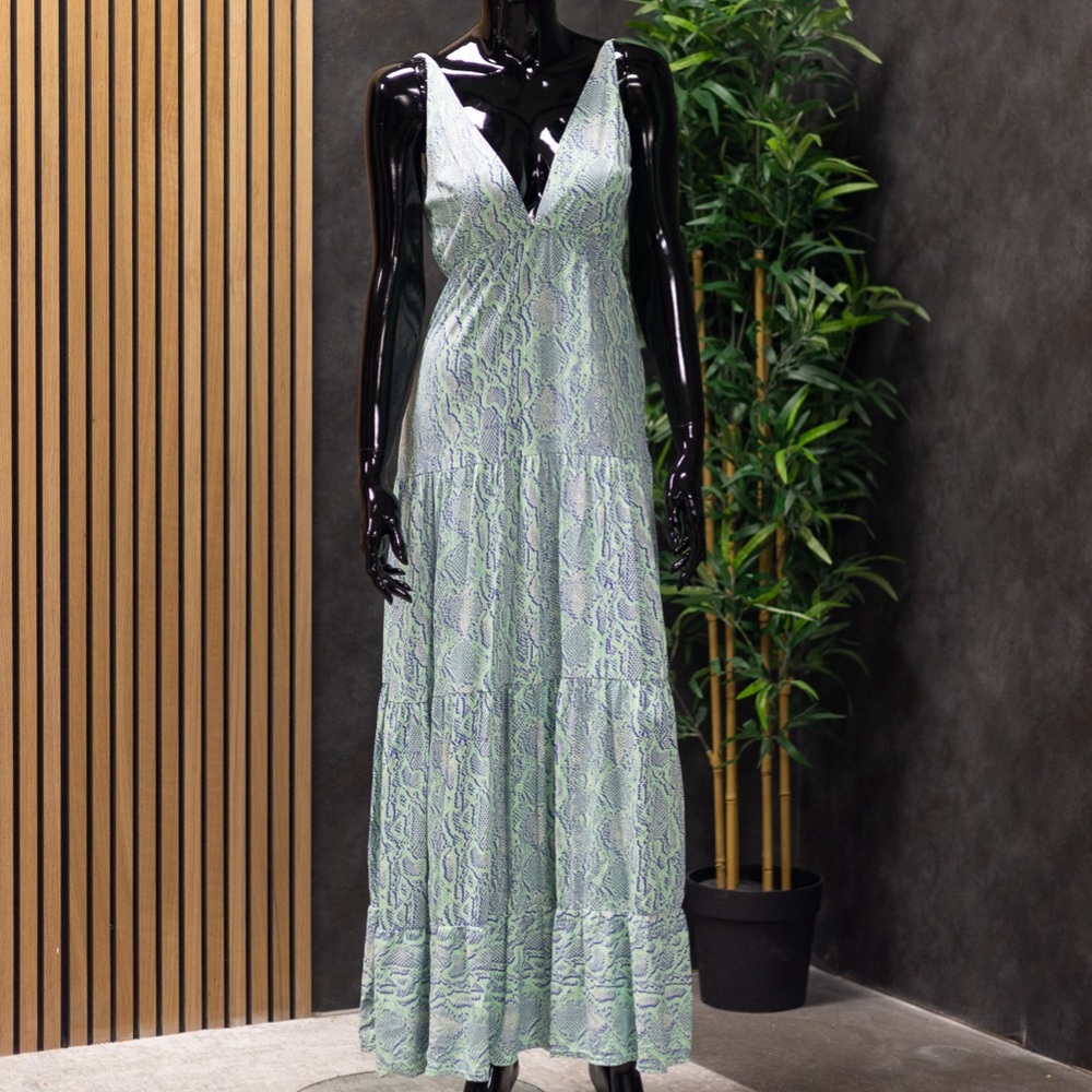 Maggi Teal and Blue Snakeskin Summer Maxi Dress, Size L
